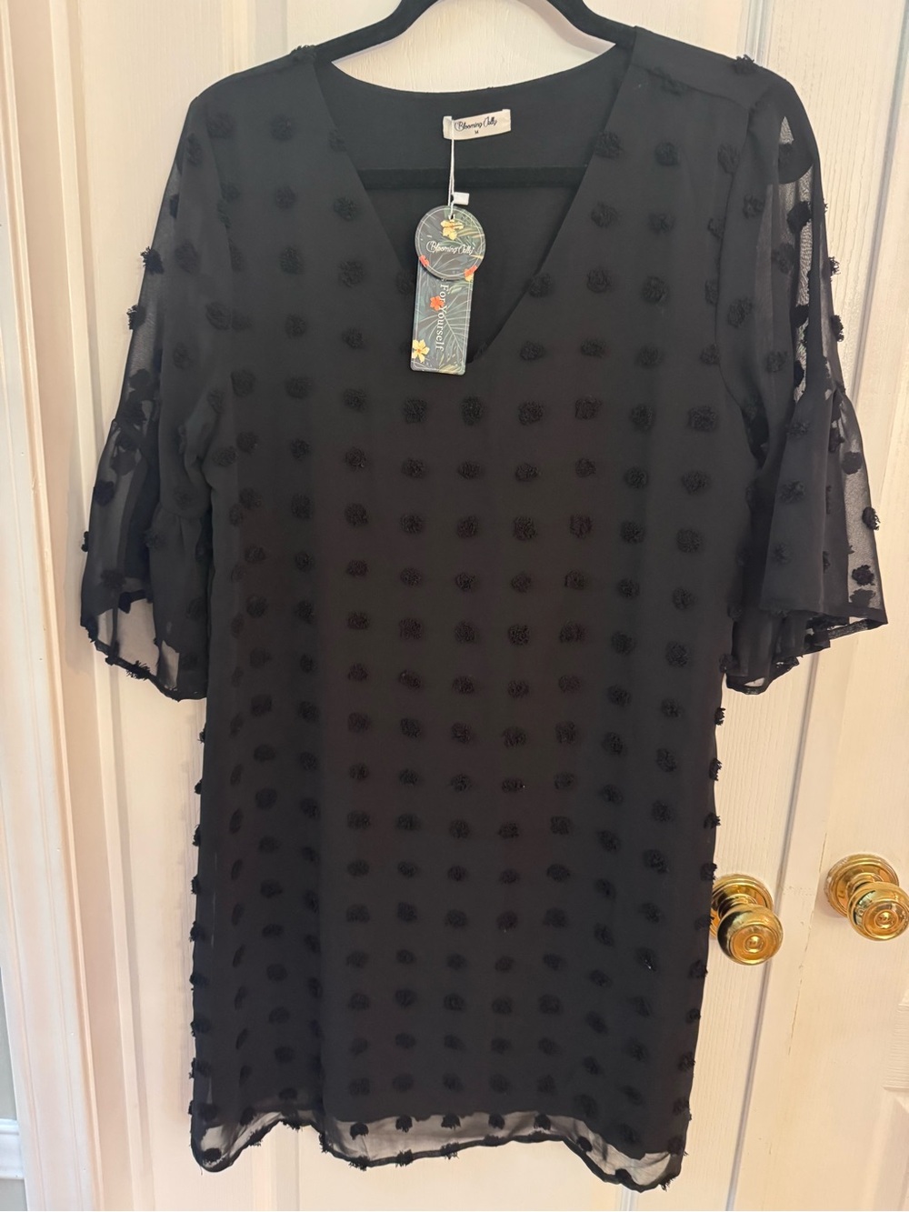 Chelsea & Violet Black Sheer Dot-Textured V-Neck Mini Dress